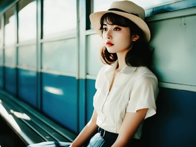 白色衬衫戴帽美女写真摄影图片